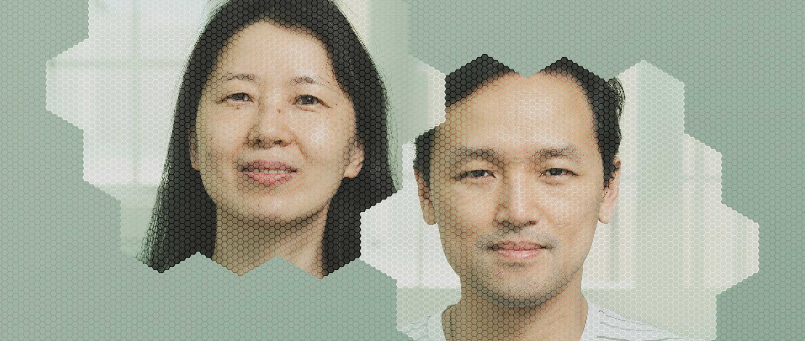 A photo illustration of Jie Shan and Kin Fai Mak’s faces overlaid with hexagonal grids.