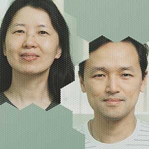 A photo illustration of Jie Shan and Kin Fai Mak’s faces overlaid with hexagonal grids.