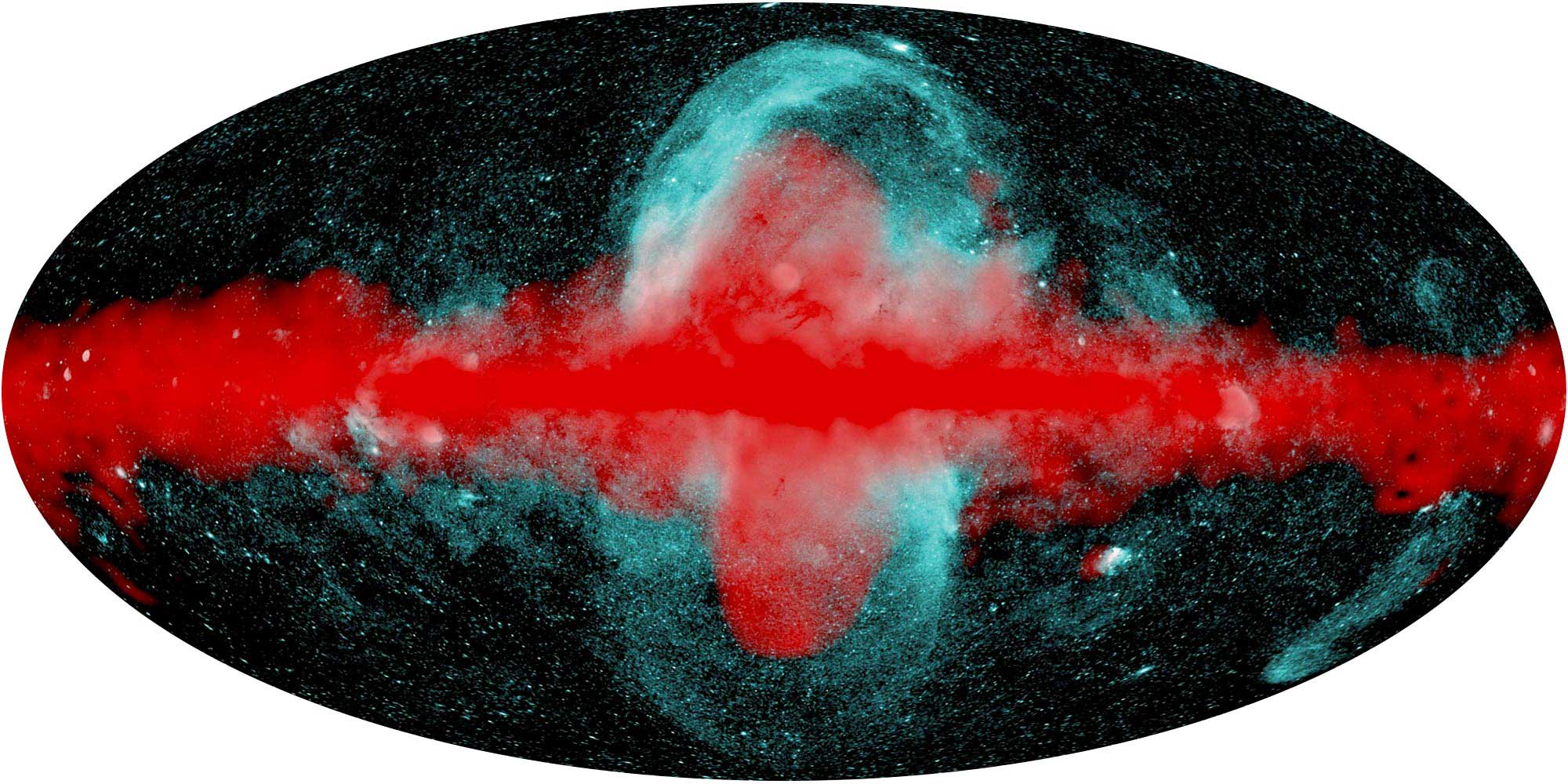 An image shows a side view of the Milky Way galaxy with two hourglass-shape structures emerging from it, one bigger than the other.