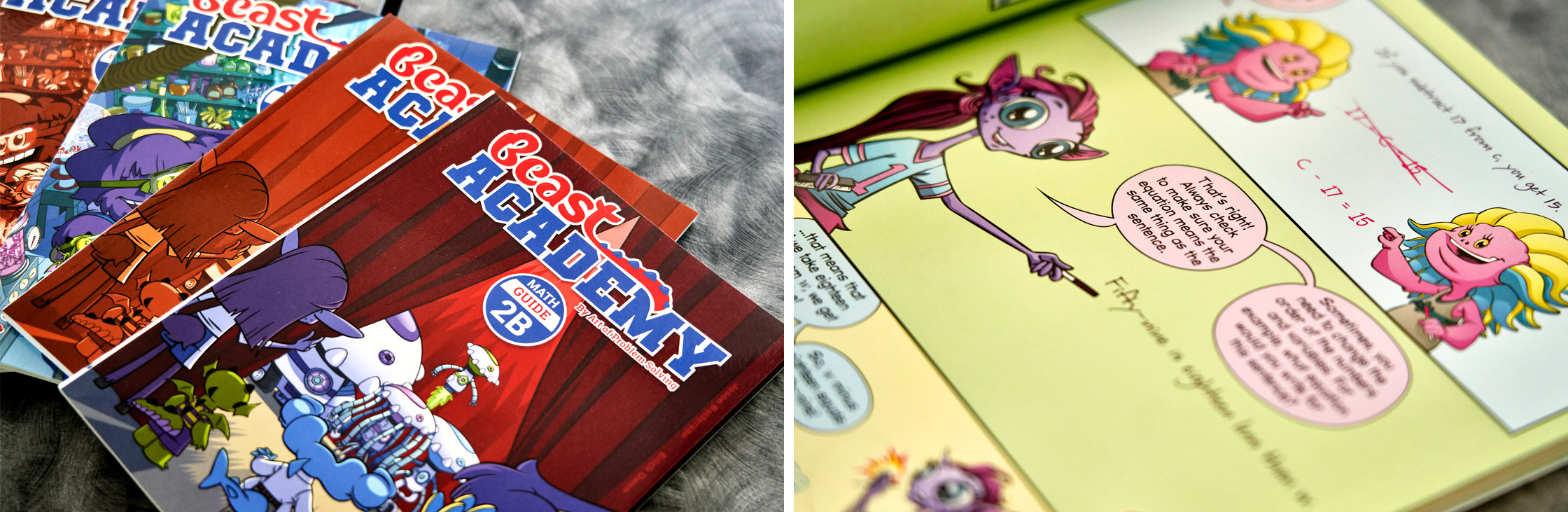 Beast Academy math guides illustrated with monsters as comic book characters.