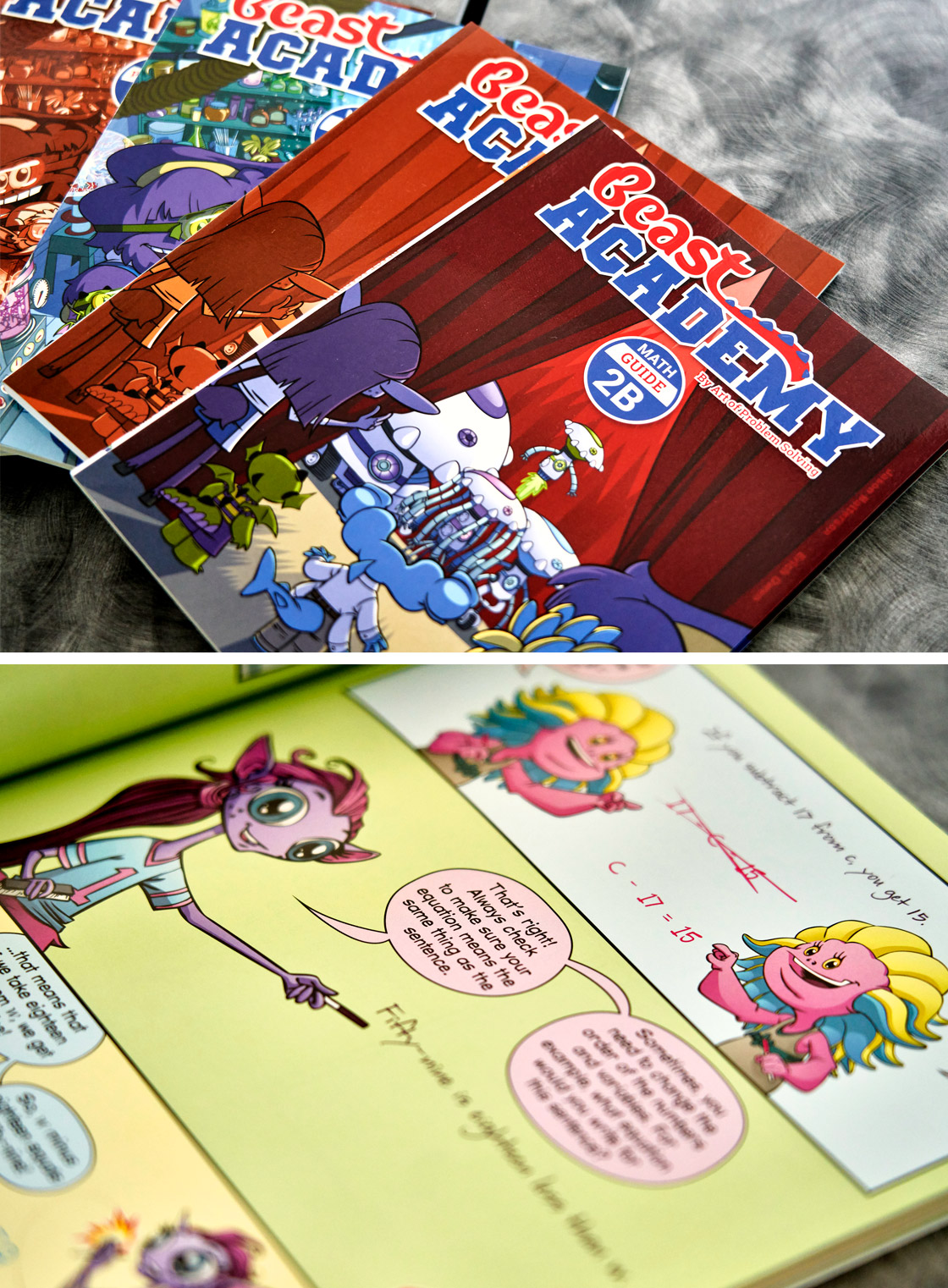 Beast Academy math guides illustrated with monsters as comic book characters.