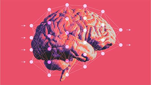 A transformer model is superimposed on a human brain with a red background