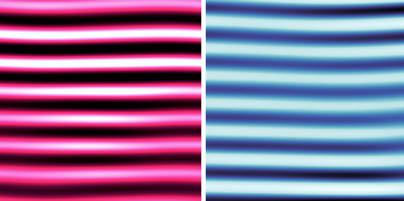 Two images side by side, one showing horizontal pink and black stripes, the other blue and black stripes. The pink stripes on the left line up with the black stripes in the right-hand image.