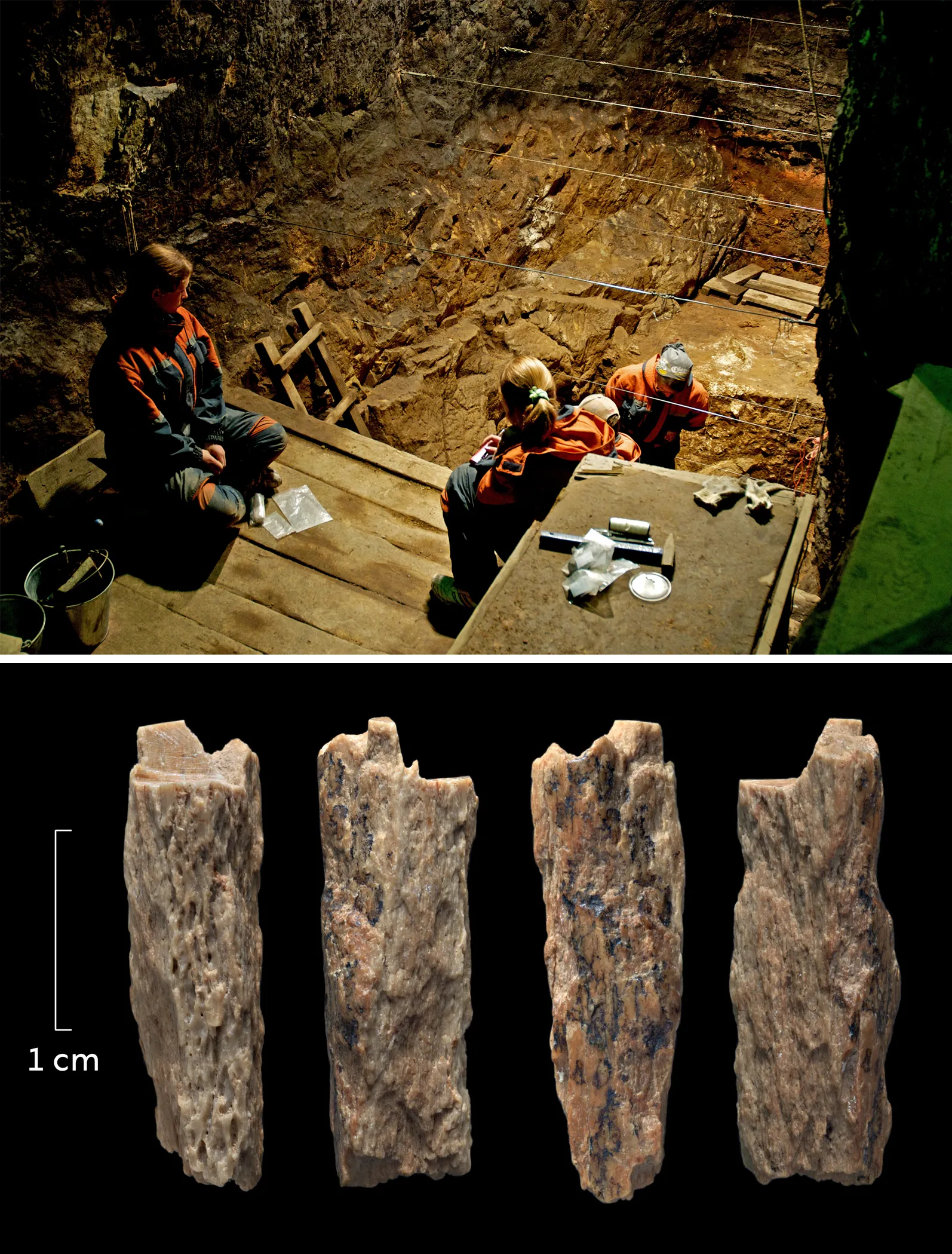 top photo is an aerial view of three people in orange and grey jumpsuits working at an archaeological excavation site in a cave. The bottom photo shows 4 fossilized bone fragments against a black background