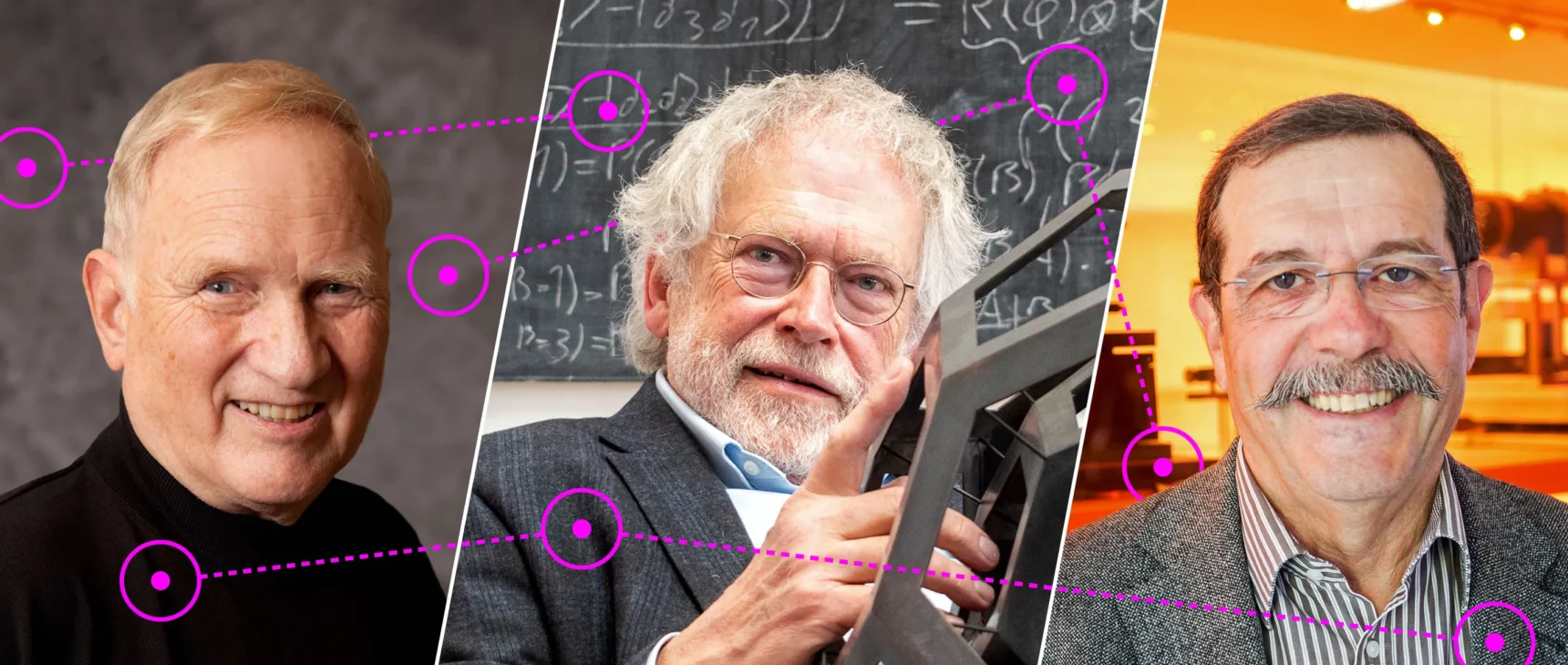 three side-by-side photos of men (one a blond man in a black turtleneck, one a man with white hair and a beard, and one with brown hair and a graying mustache. overlaid on the images are magenta circles connected by dotted lines, suggesting the phenomenon of quantum entanglement.