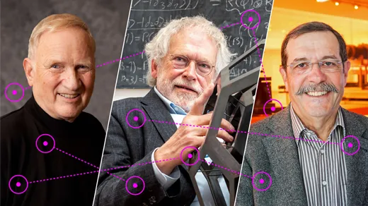 three side-by-side photos of men (one a blond man in a black turtleneck, one a man with white hair and a beard, and one with brown hair and a graying mustache. overlaid on the images are magenta circles connected by dotted lines, suggesting the phenomenon of quantum entanglement.