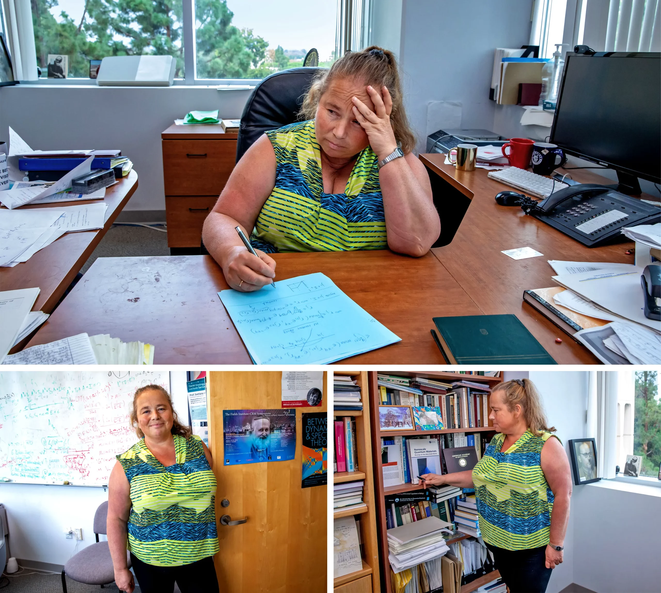 Three photos, one showing Jitomirskaya sitting at her desk, another showing her standing by a door, and the final with the same woman standing in front of a bookcase