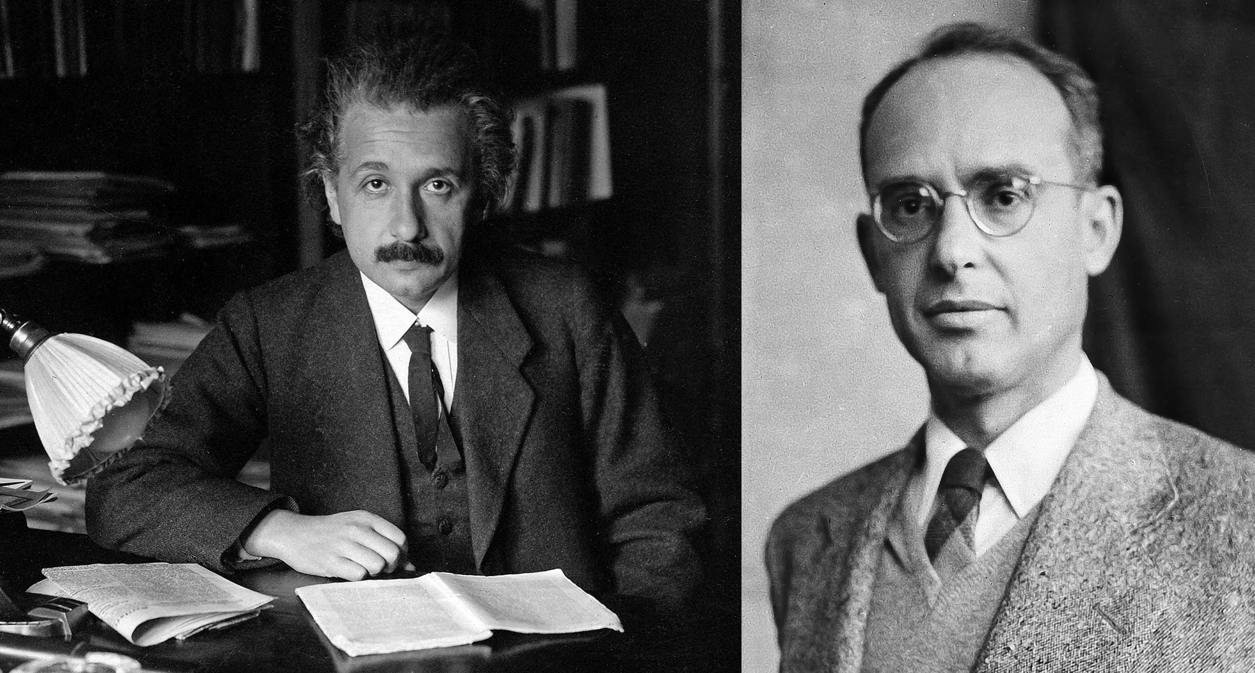 A pair of black-and-white photos showing young Einstein and middle-aged Rosen.