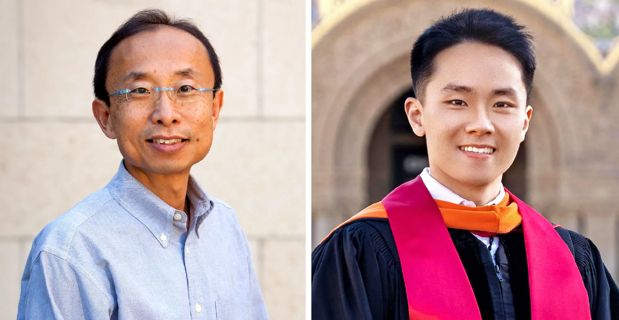 two photographs side-by-side, one of an older man with glasses and a light blue collared shirt, and the other a younger man in black graduation robes with a red stole and orange hood.