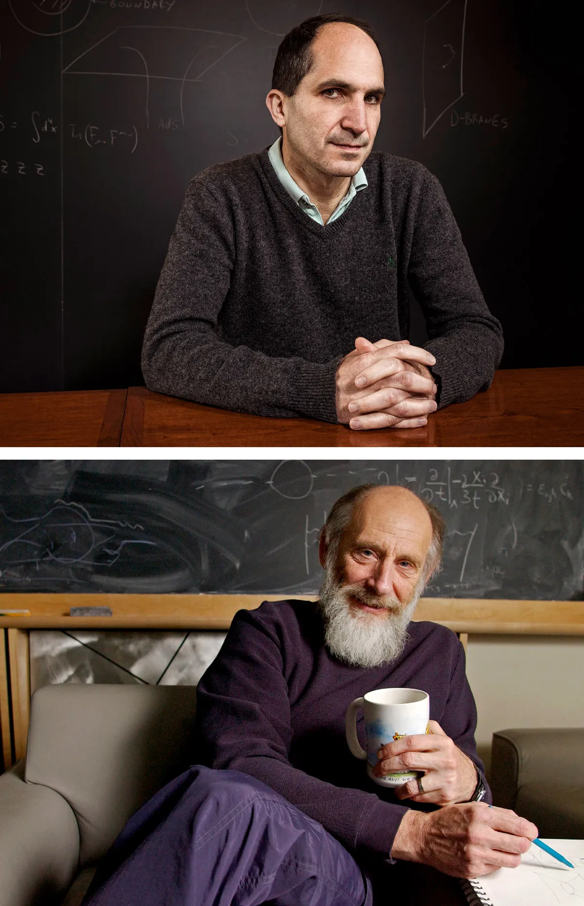 Side-by-side photos of Maldacena, a serious-looking man with hands clasped on his desk, and a cheerful Susskind sitting on his office couch with a cup of coffee.