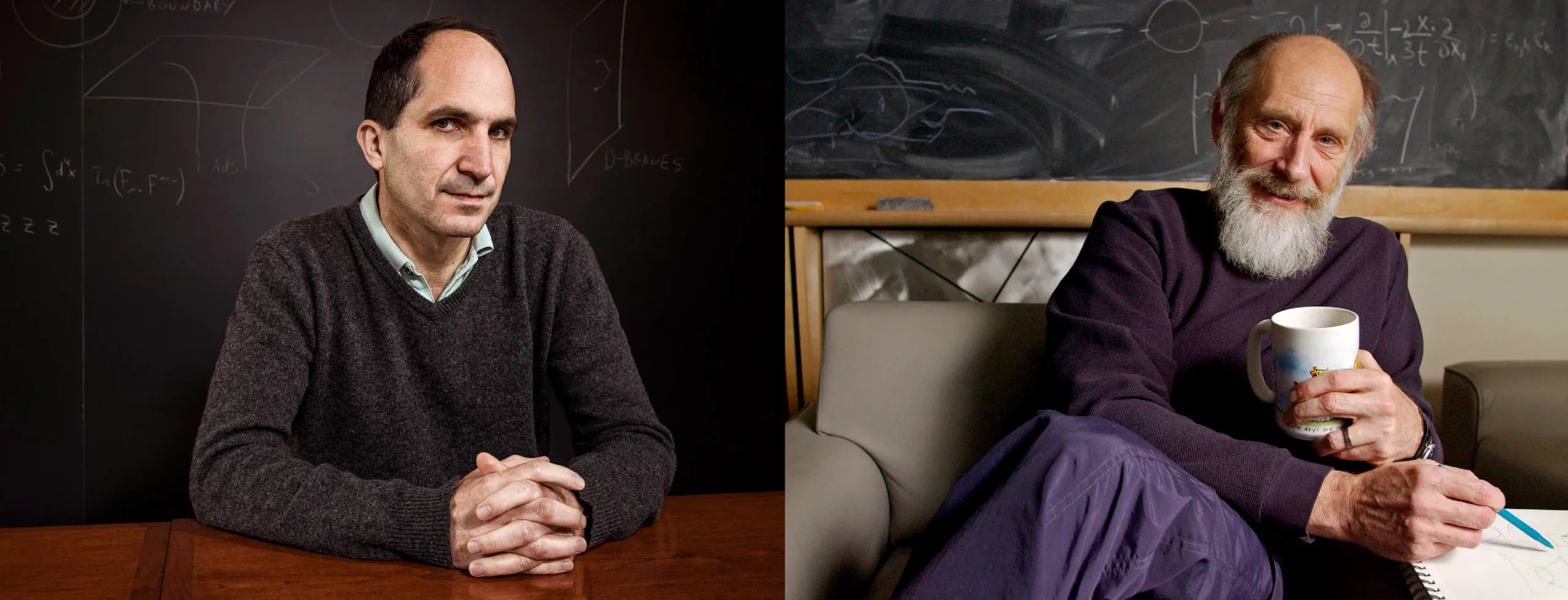 Side-by-side photos of Maldacena, a serious-looking man with hands clasped on his desk, and a cheerful Susskind sitting on his office couch with a cup of coffee.