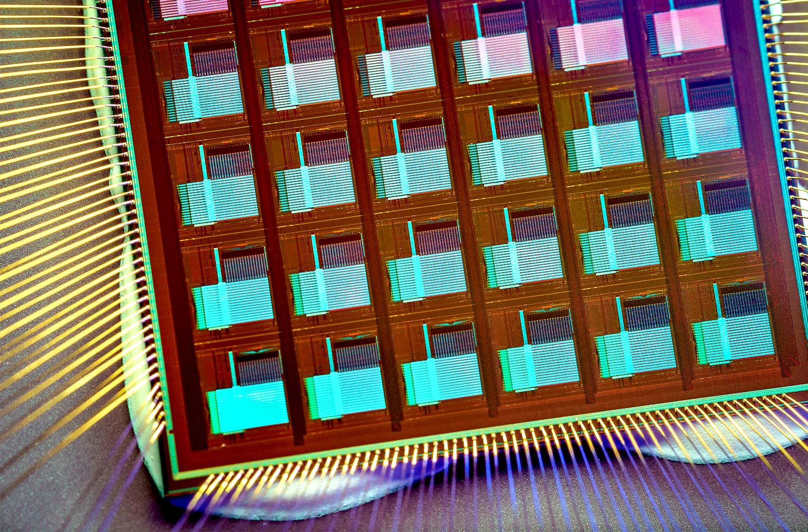 A closeup of the NeuRRAM chip, a grid of 48 tiny squares within a golden lined border