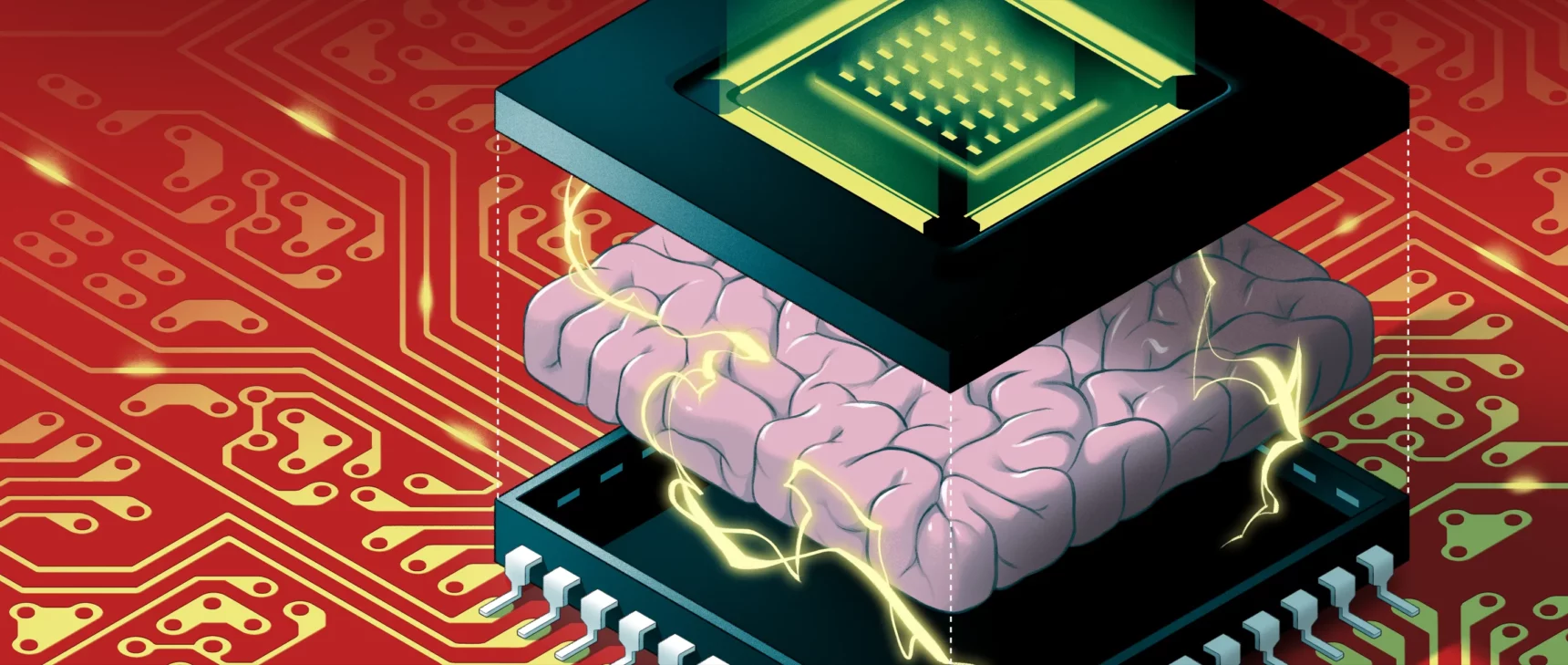 Illustration of electrified brain embedded within a computer chip.