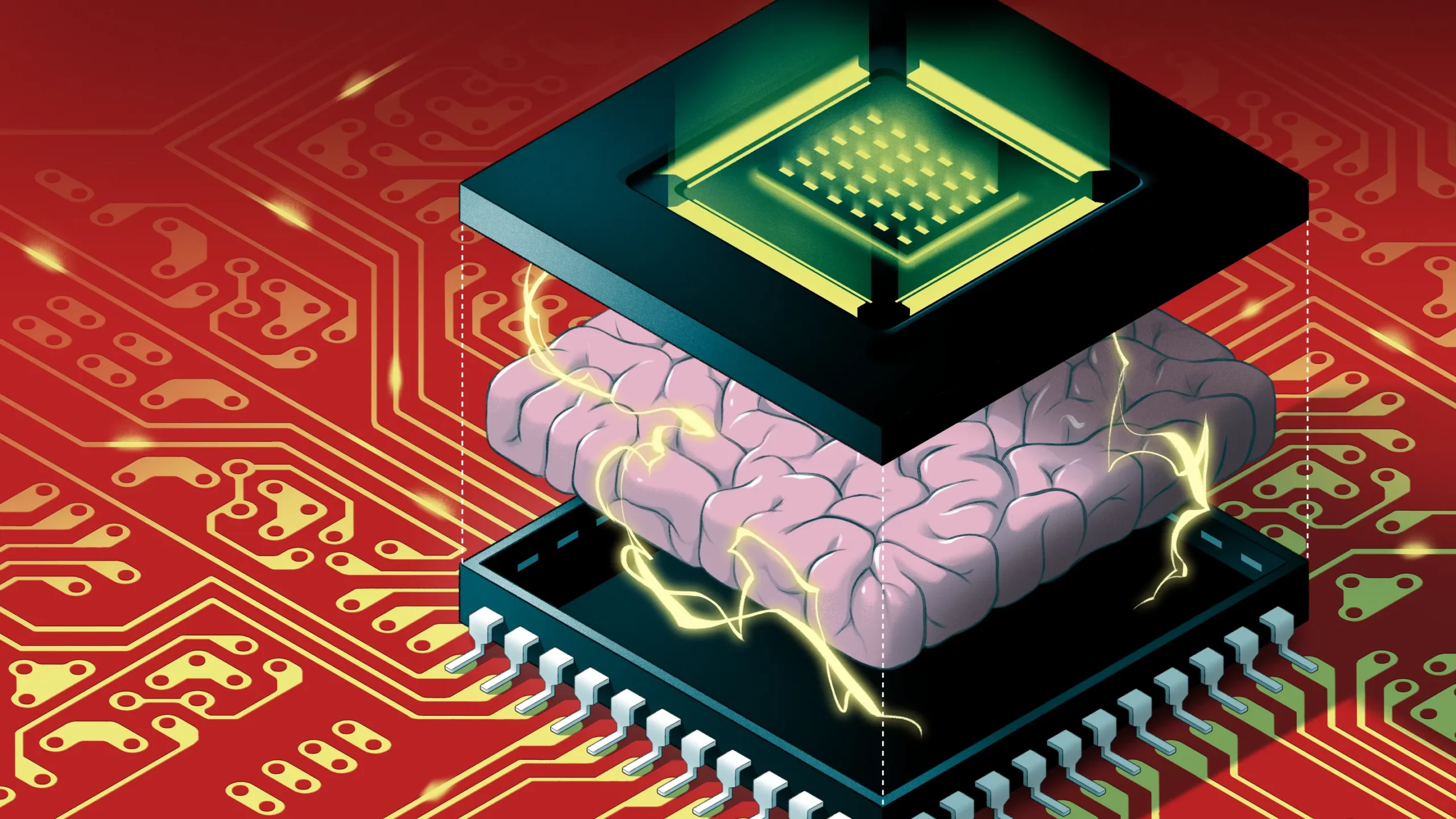 Illustration of electrified brain embedded within a computer chip.