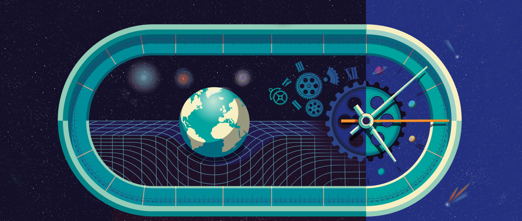 Illustration of the earth warping space-time, surrounded by small gears and galaxies.