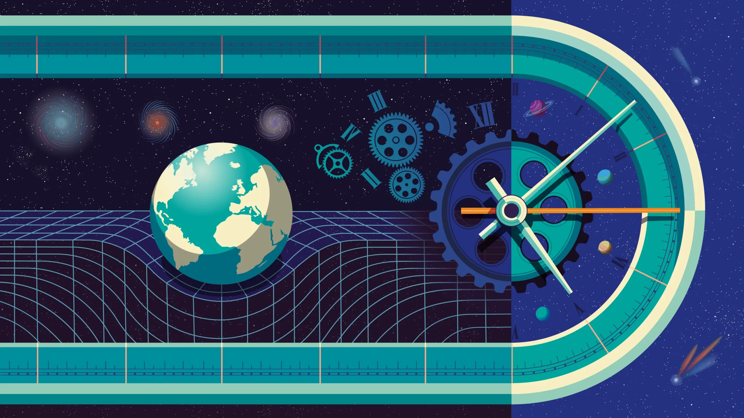 Illustration of the earth warping space-time, surrounded by small gears and galaxies.