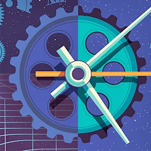 Illustration of the earth warping space-time, surrounded by small gears and galaxies.