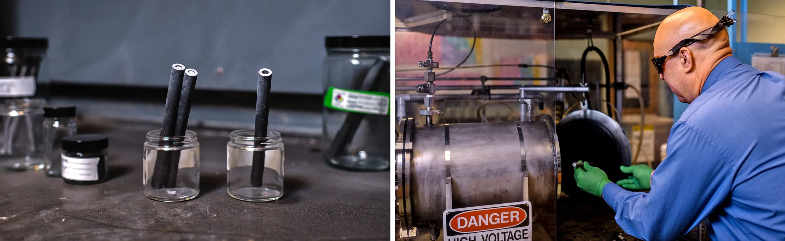 Two photos. In one, jars containing gray, cigar-shaped rods sit on a countertop. In the other, a man in a blue shirt and goggles places a rod into a chamber.