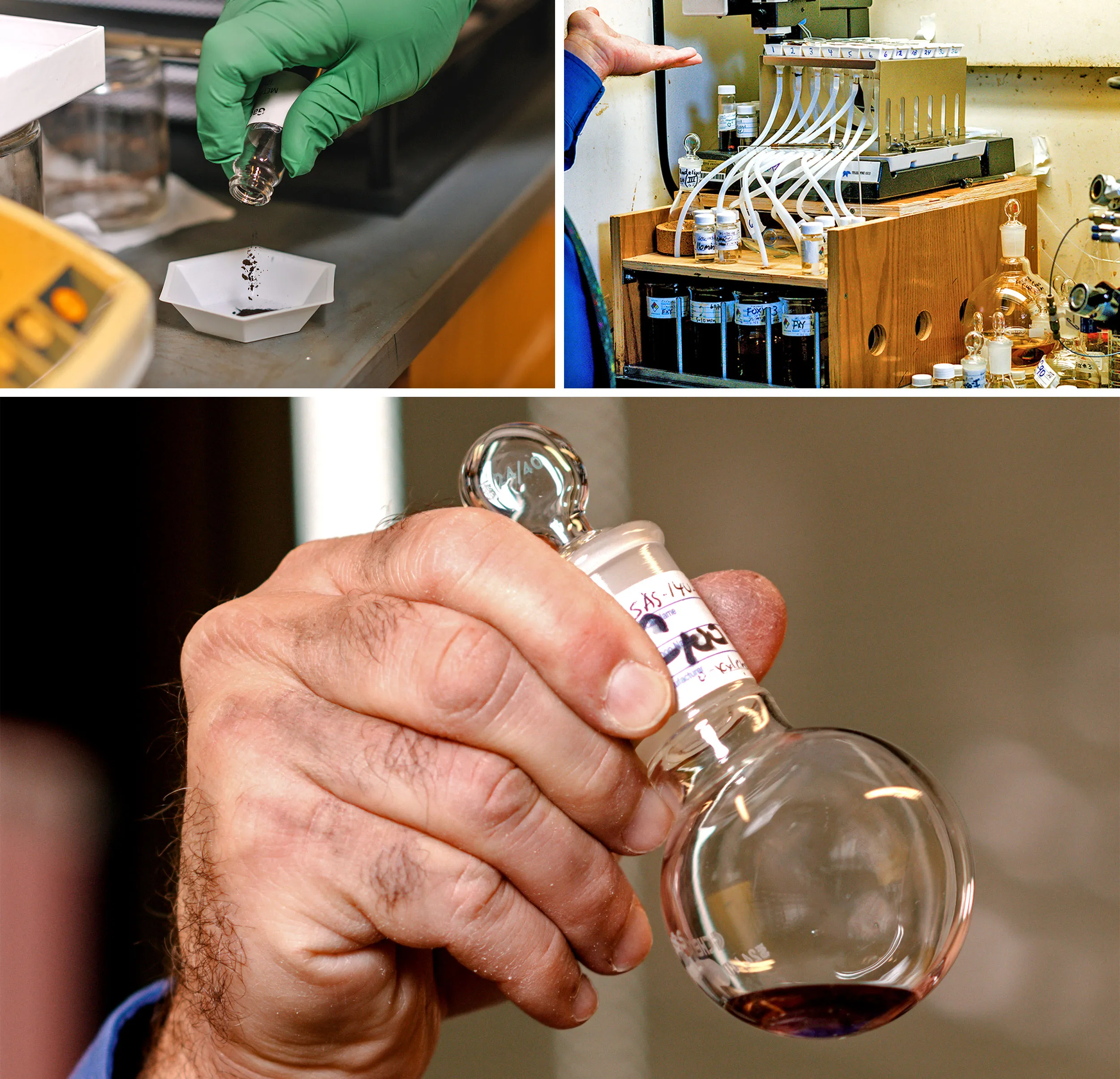 Three photos, one showing Stevenson’s hand pouring carbon soot into a small dish, another showing a liquid chromatography machine, and a third showing Stevenson’s hand holding a vial of brown liquid labeled “C_100.”