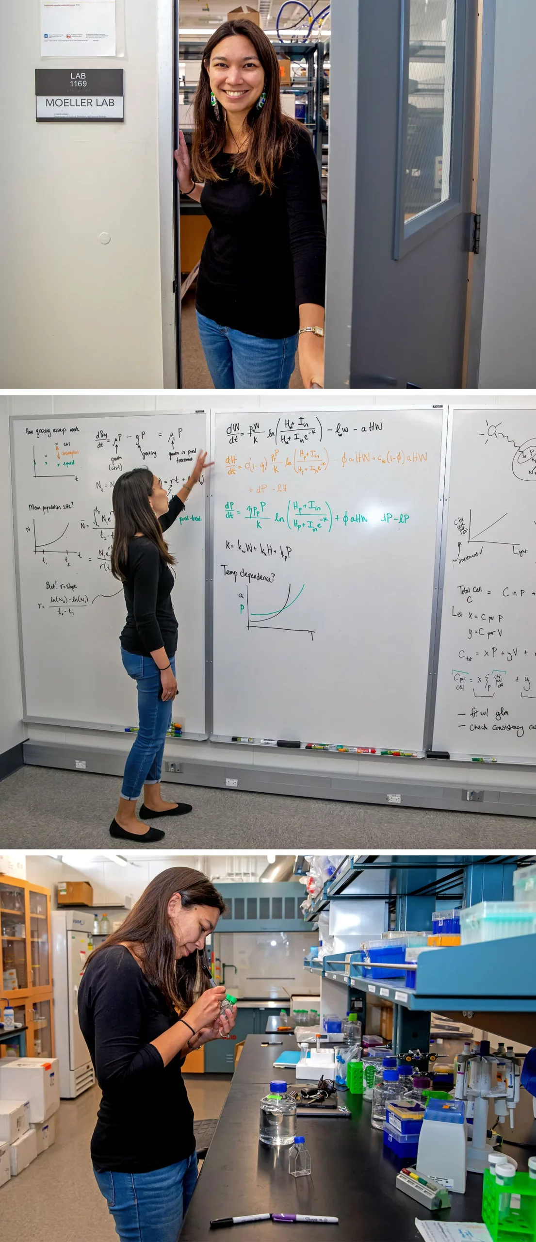 Three photos: Moeller at her lab’s door, at a whiteboard covered in equations, and writing on a sample tube near her lab bench.