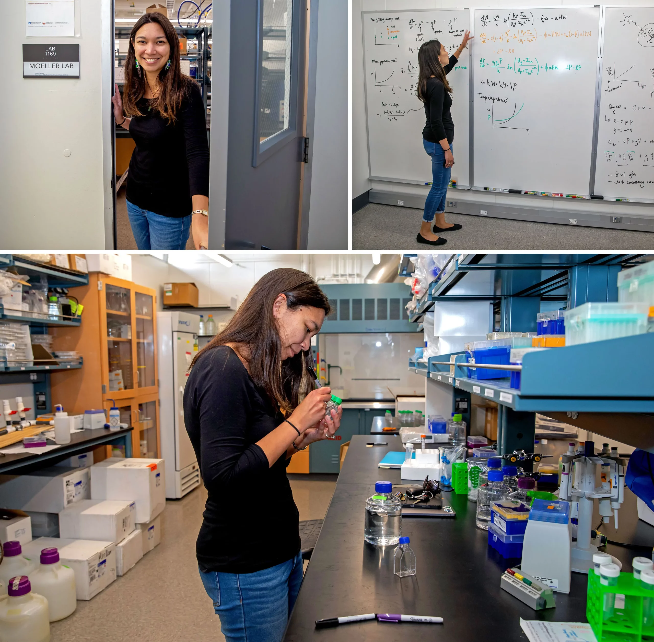 Three photos: Moeller at her lab’s door, at a whiteboard covered in equations, and writing on a sample tube near her lab bench.