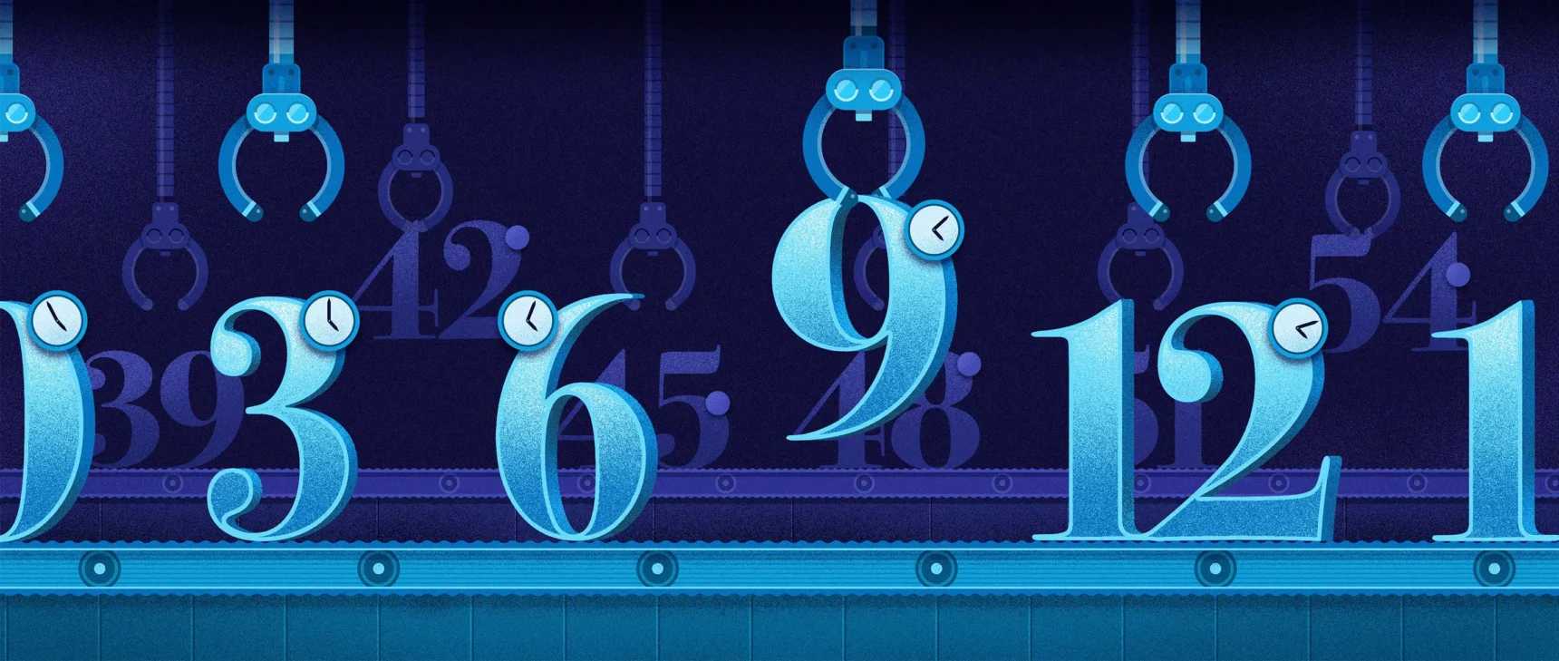 Blue numbers moving down an assembly line being picked up by mechanical claw hands.