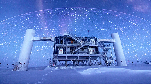 A photo illustration showing a research station in Antarctica with a map plotting neutrinos’ arrival directions imprinted on the sky.