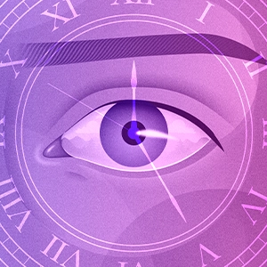 Illustration in which a forest scene is mirrored in a person’s right eye while the left eye shows a clock.