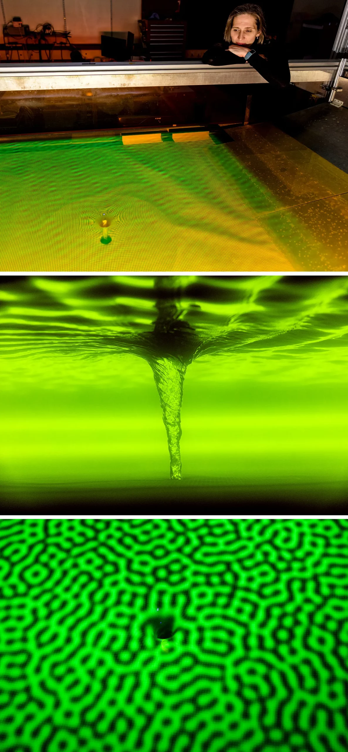 Three photos showing different perspectives on a glowing green water tank, in which water drains down a hole, forming a funnel.