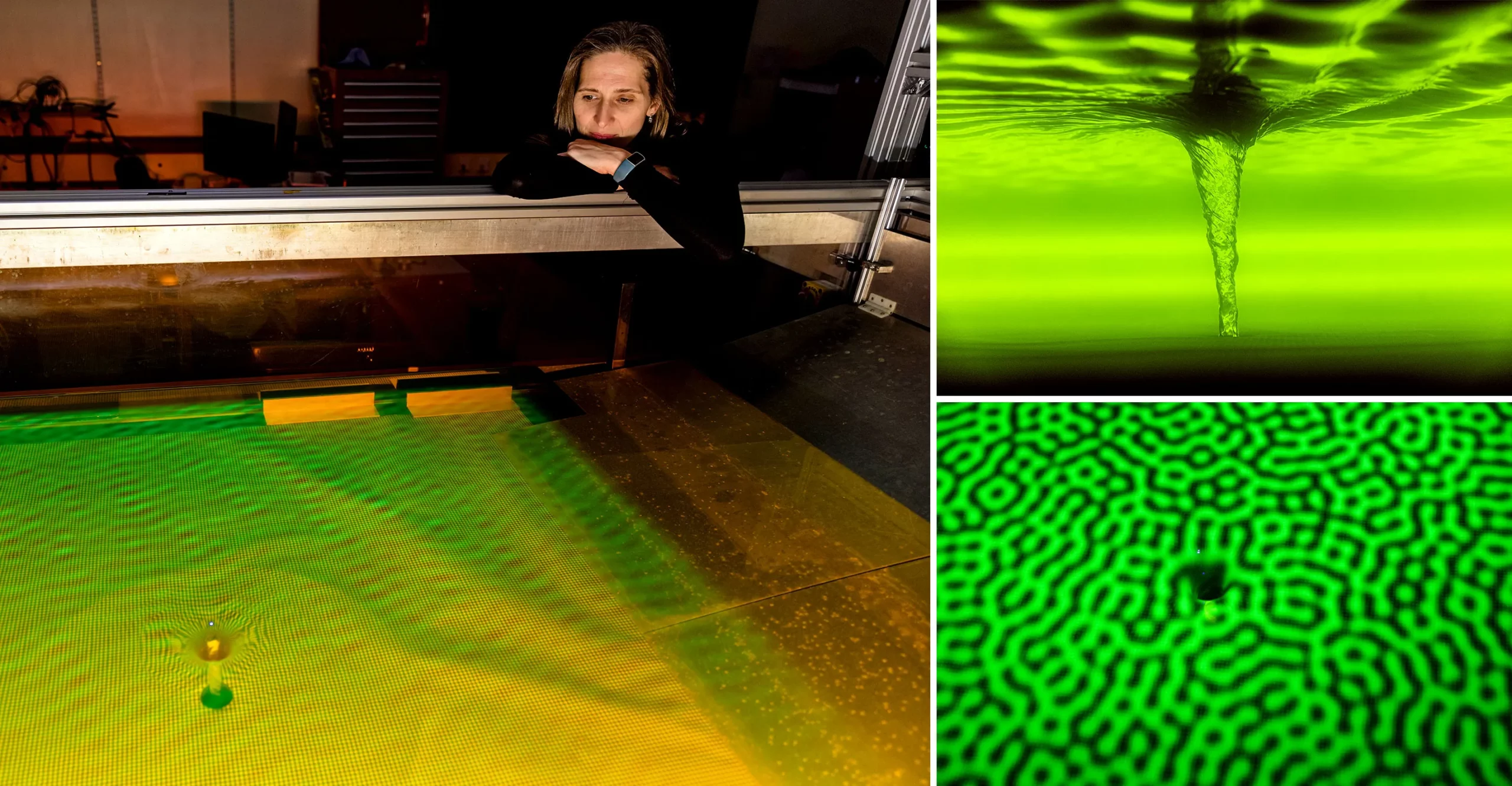 Three photos showing different perspectives on a glowing green water tank, in which water drains down a hole, forming a funnel.