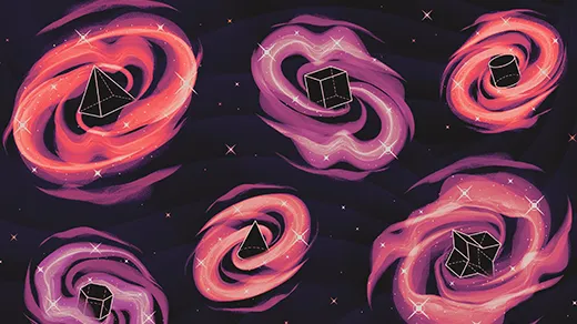 Fanciful illustration of galaxies with various geometric shapes at their centers.