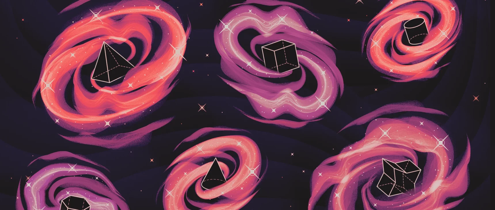 Fanciful illustration of galaxies with various geometric shapes at their centers.