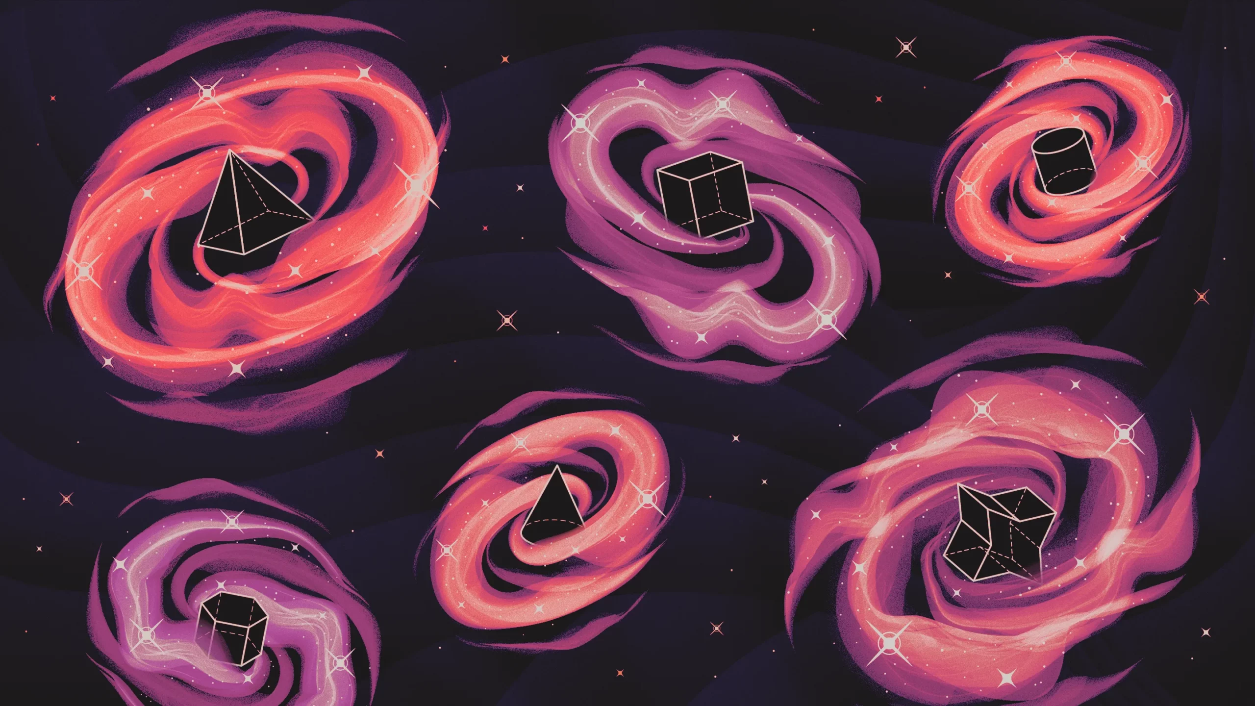 Fanciful illustration of galaxies with various geometric shapes at their centers.