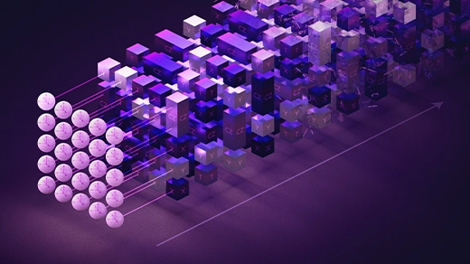 Purple illustration of round qubits pointing to rows of blocks that progressively become more chaotic.