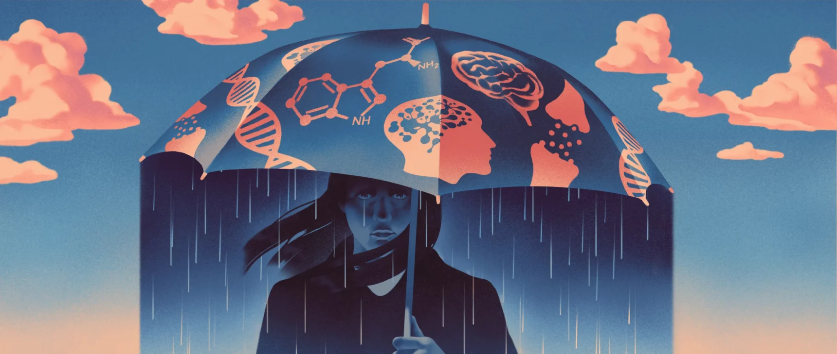 A sad woman stands under an umbrella that is decorated with images of brains, molecules and DNA. Rain falls on her under the umbrella but the day is otherwise clear.