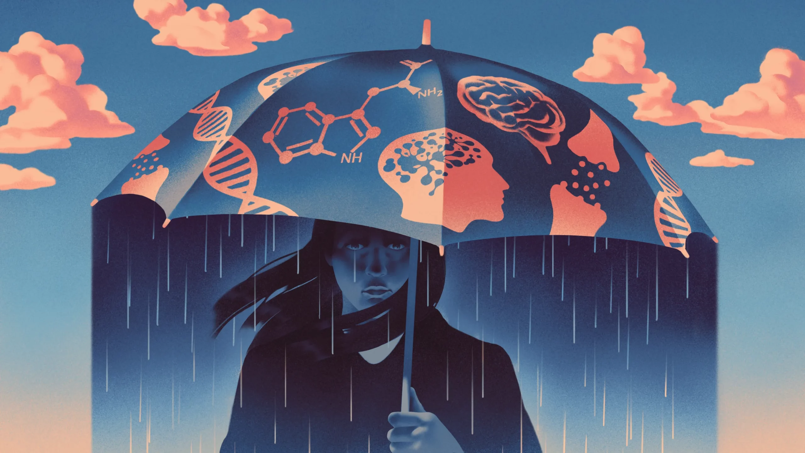 A sad woman stands under an umbrella that is decorated with images of brains, molecules and DNA. Rain falls on her under the umbrella but the day is otherwise clear.