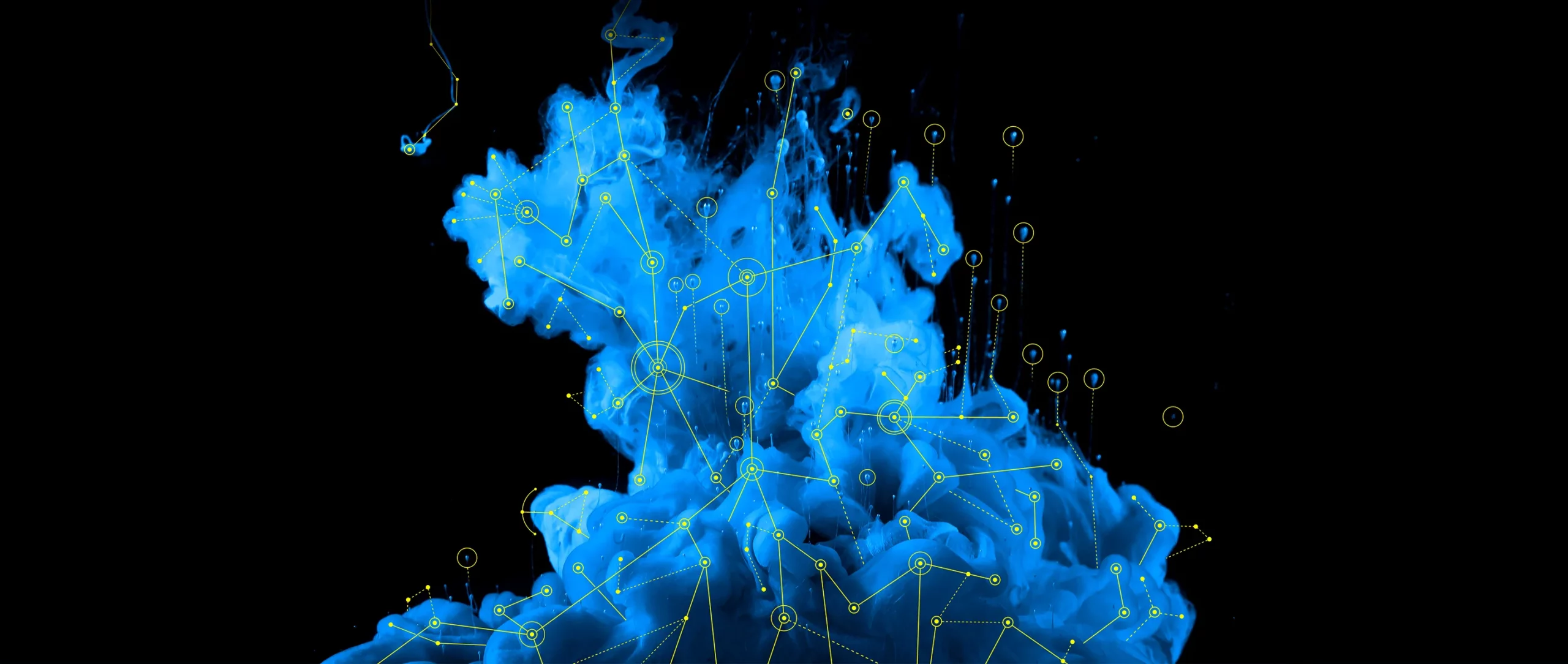 a light blue cloudy swirl against a black background (evoking ink diffusing through a liquid). The blue cloud is overlaid with a network of yellow lines and circular nodes.