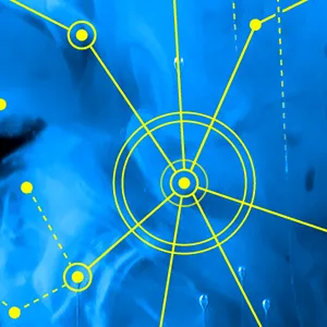 a light blue cloudy swirl against a black background (evoking ink diffusing through a liquid). The blue cloud is overlaid with a network of yellow lines and circular nodes.