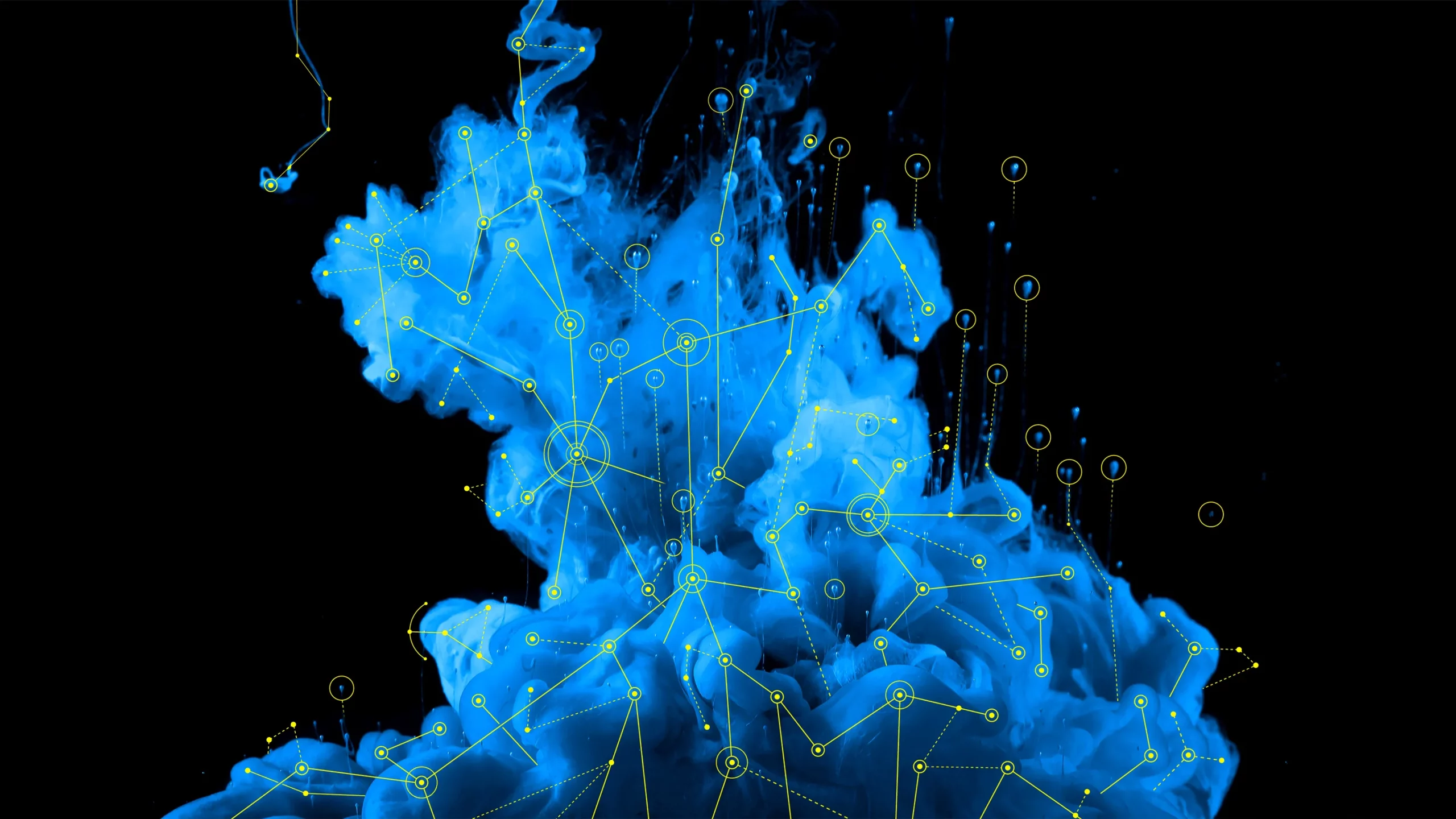 a light blue cloudy swirl against a black background (evoking ink diffusing through a liquid). The blue cloud is overlaid with a network of yellow lines and circular nodes.