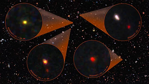 A panoramic image of the cosmos shows hundreds of galaxies, including four blobs of light that are magnified and labeled with their corresponding redshifts.