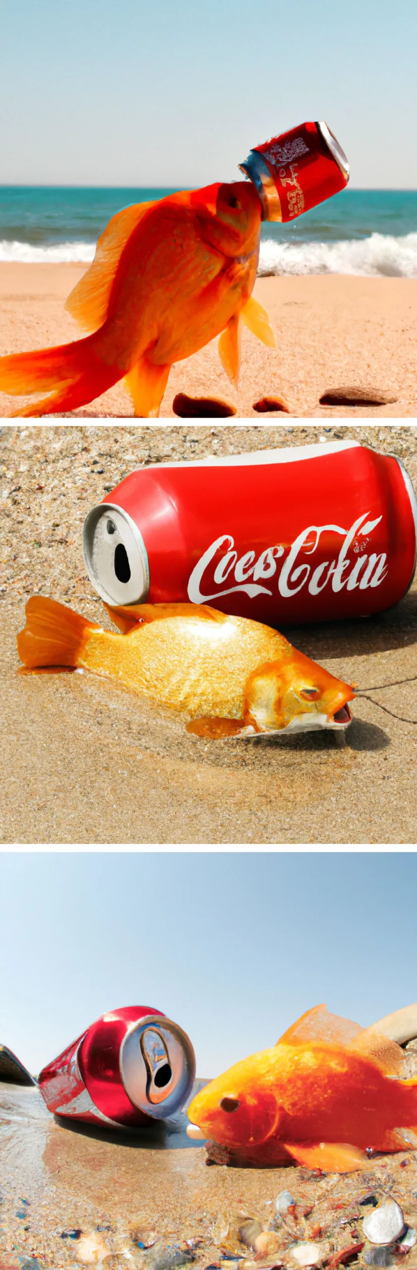 three AI-generated images of a goldfish on a beach drinking a can of Coca-Cola.