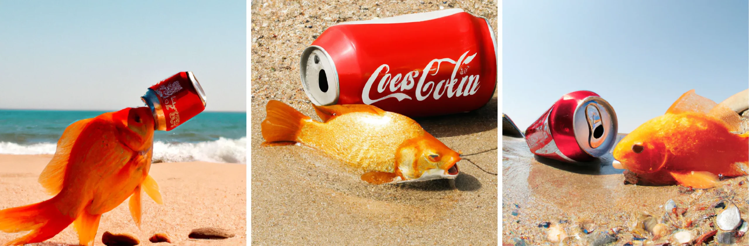 three AI-generated images of a goldfish on a beach drinking a can of Coca-Cola.