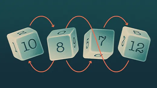 illustration of four six-sided green dice covered in different numbers, with orange arrows connecting some of the dice