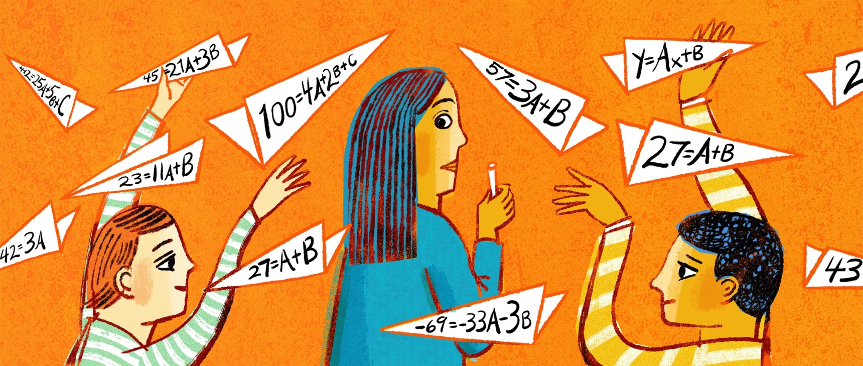 cartoon illustration of a female teacher surrounded by students throwing paper airplanes covered in equations against a bright orange background