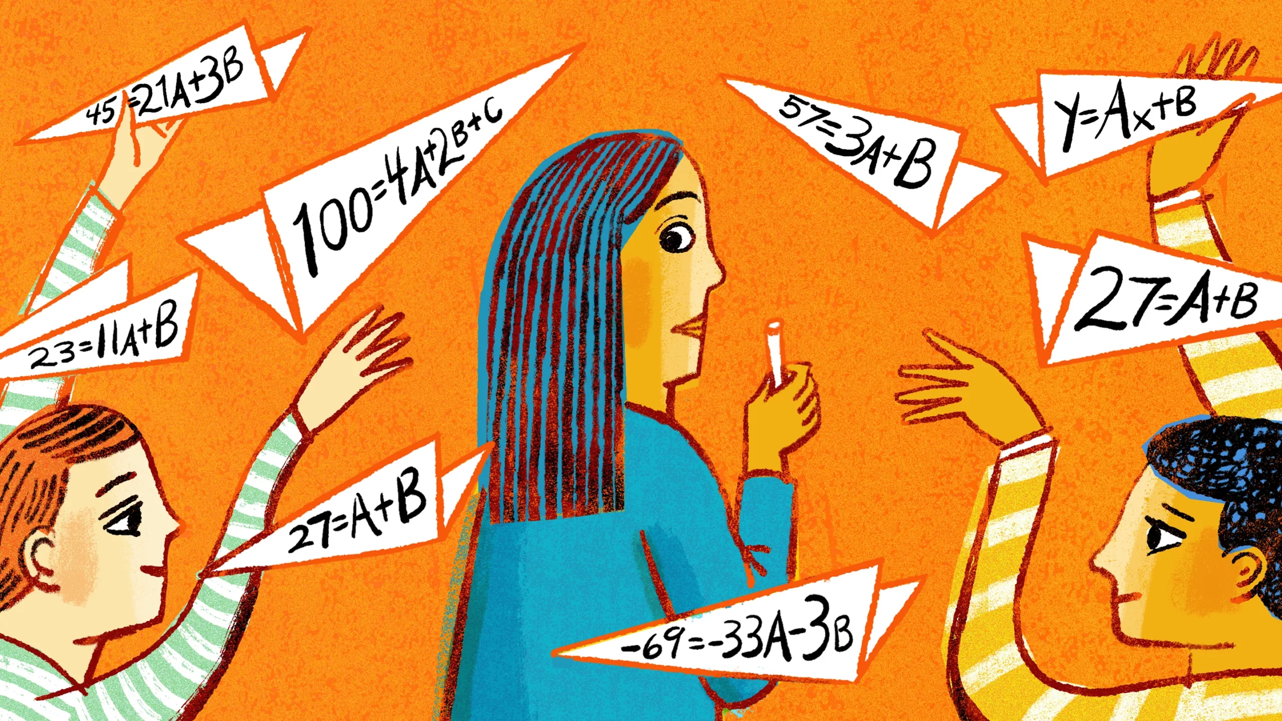 cartoon illustration of a female teacher surrounded by students throwing paper airplanes covered in equations against a bright orange background