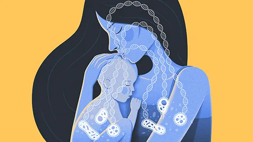 Illustration of a mother holding an infant, with strands of DNA running between the bacteria inside them.