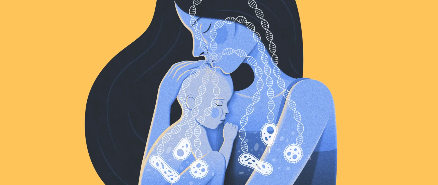 Illustration of a mother holding an infant, with strands of DNA running between the bacteria inside them.