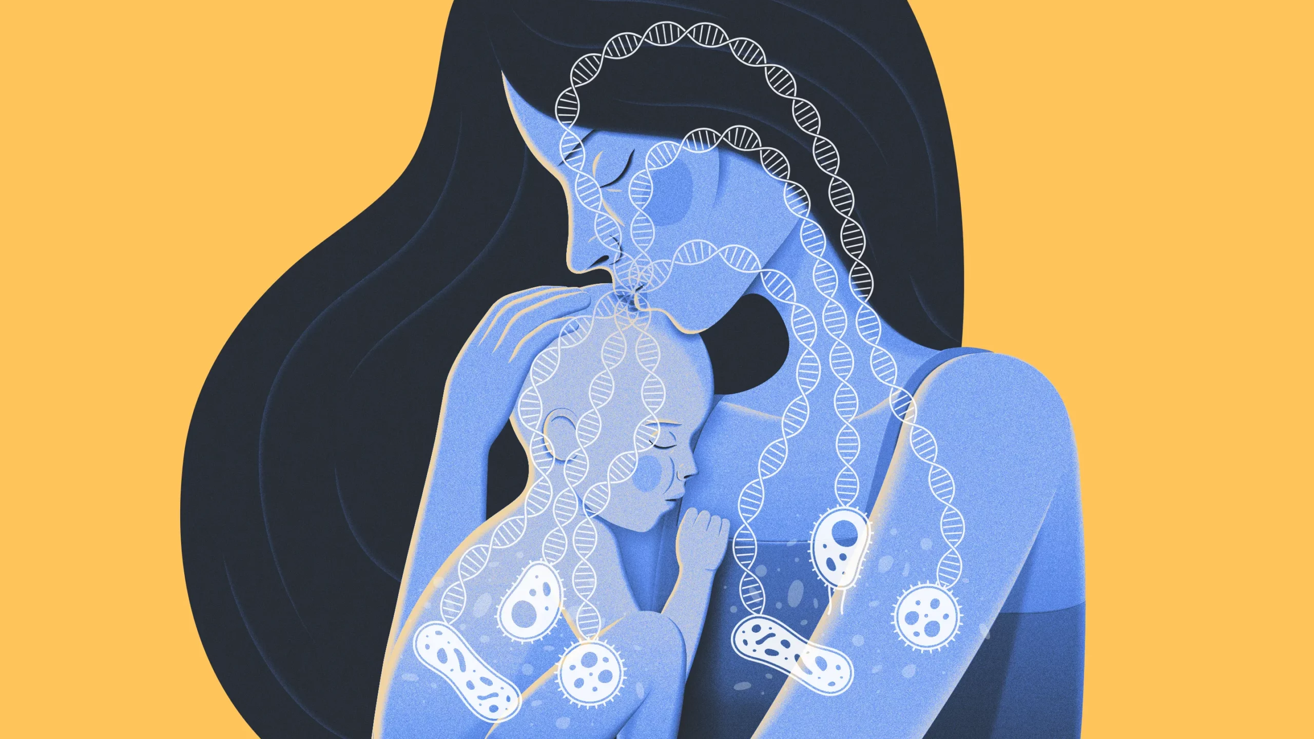 Illustration of a mother holding an infant, with strands of DNA running between the bacteria inside them.