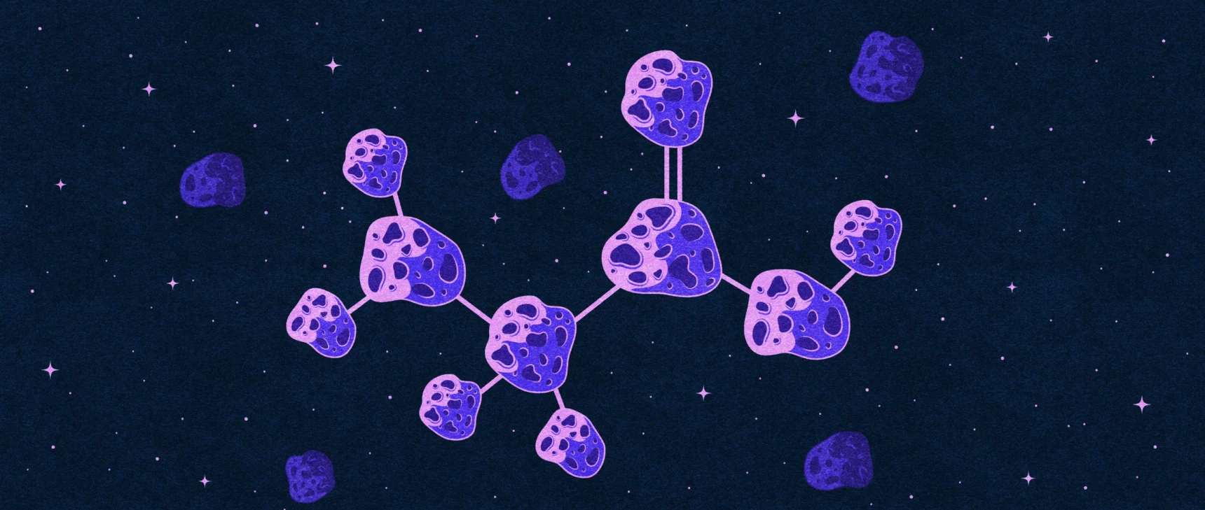 Illustration of asteroids in space that are interconnected into a structure like that of the amino acid glycine.