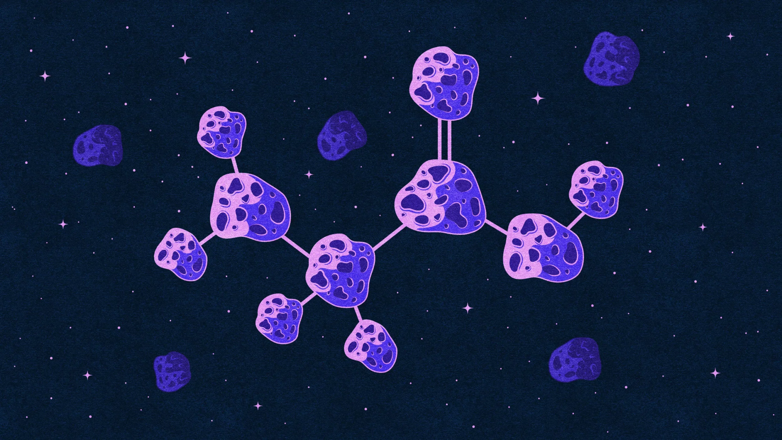 Illustration of asteroids in space that are interconnected into a structure like that of the amino acid glycine.